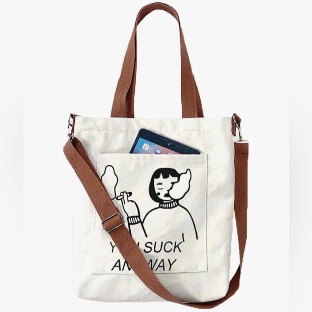 Beige Canvas Tote Bag Lightweight, Detachable Shoulder Strap